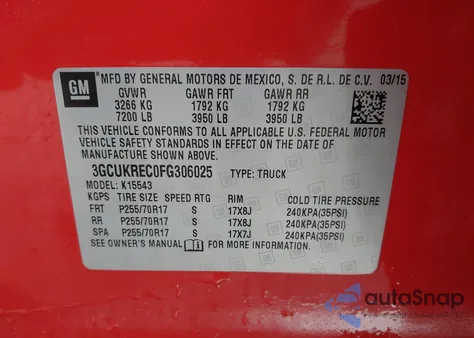 2015 Chevrolet Silverado 1500 1Lt from USA, damaged, VIN 3GCUKREC0FG306025